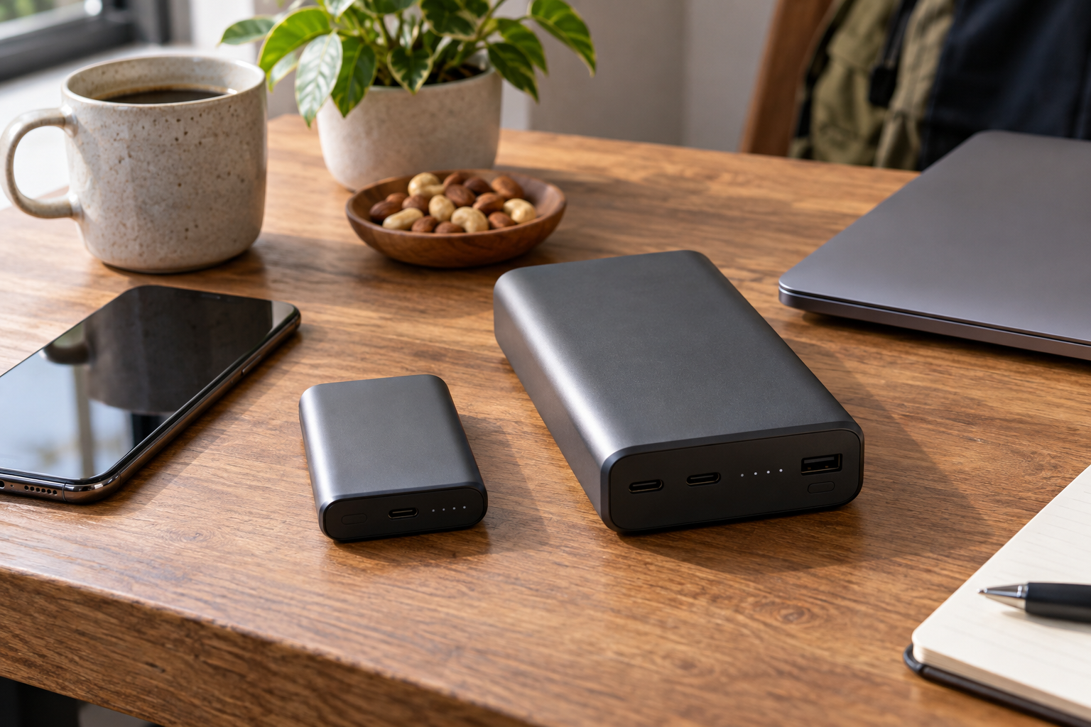 Generic compact and larger power banks beside a phone and laptop.
