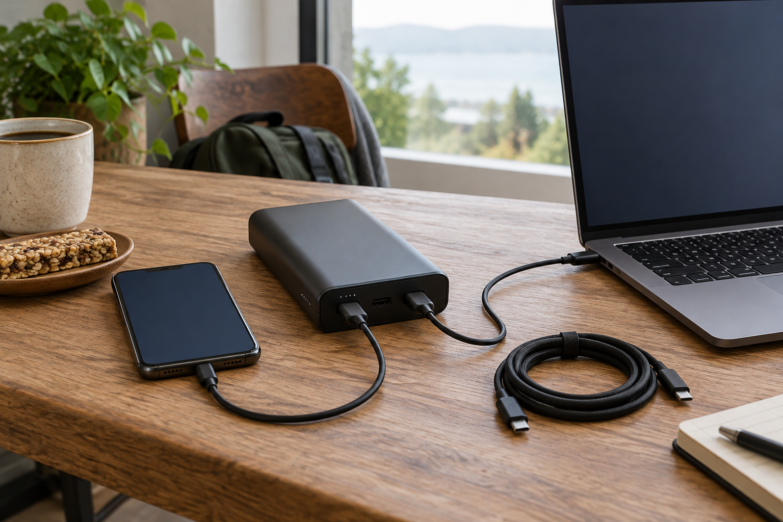 Generic power bank connected to portable devices with charging cables.