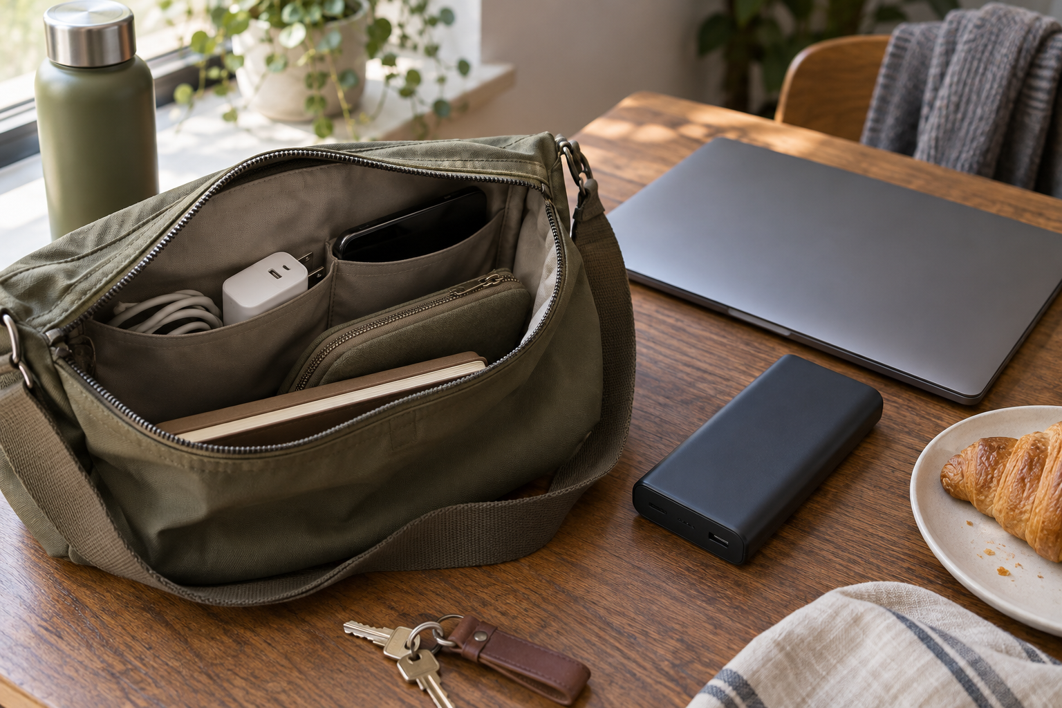 Generic compact power bank and charging cable beside everyday travel items.
