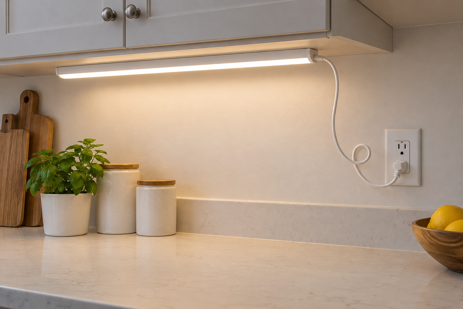 Generic under-cabinet light with a continuous visible cord connecting to an outlet plug.