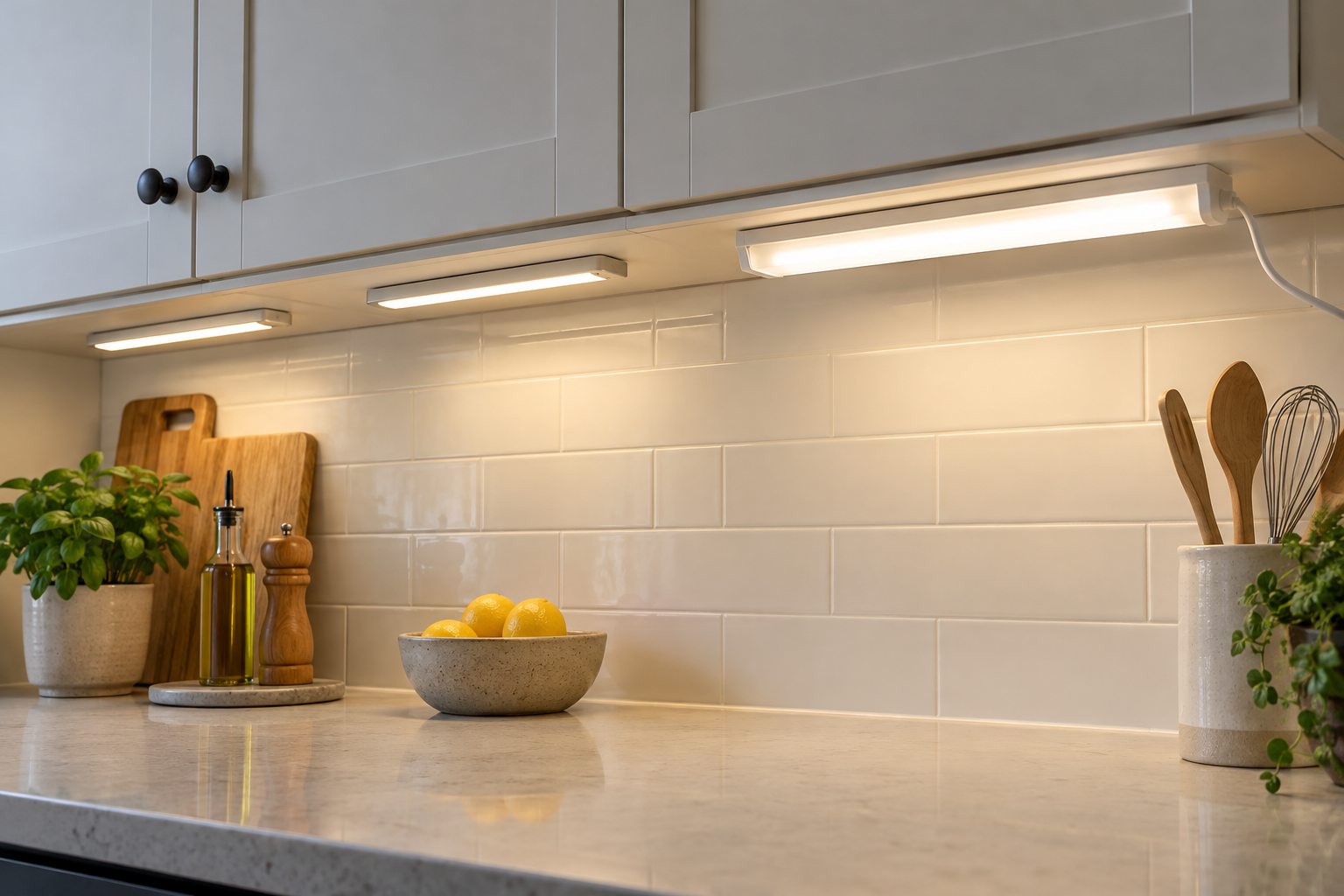 Generic rechargeable and corded lights under a cabinet.