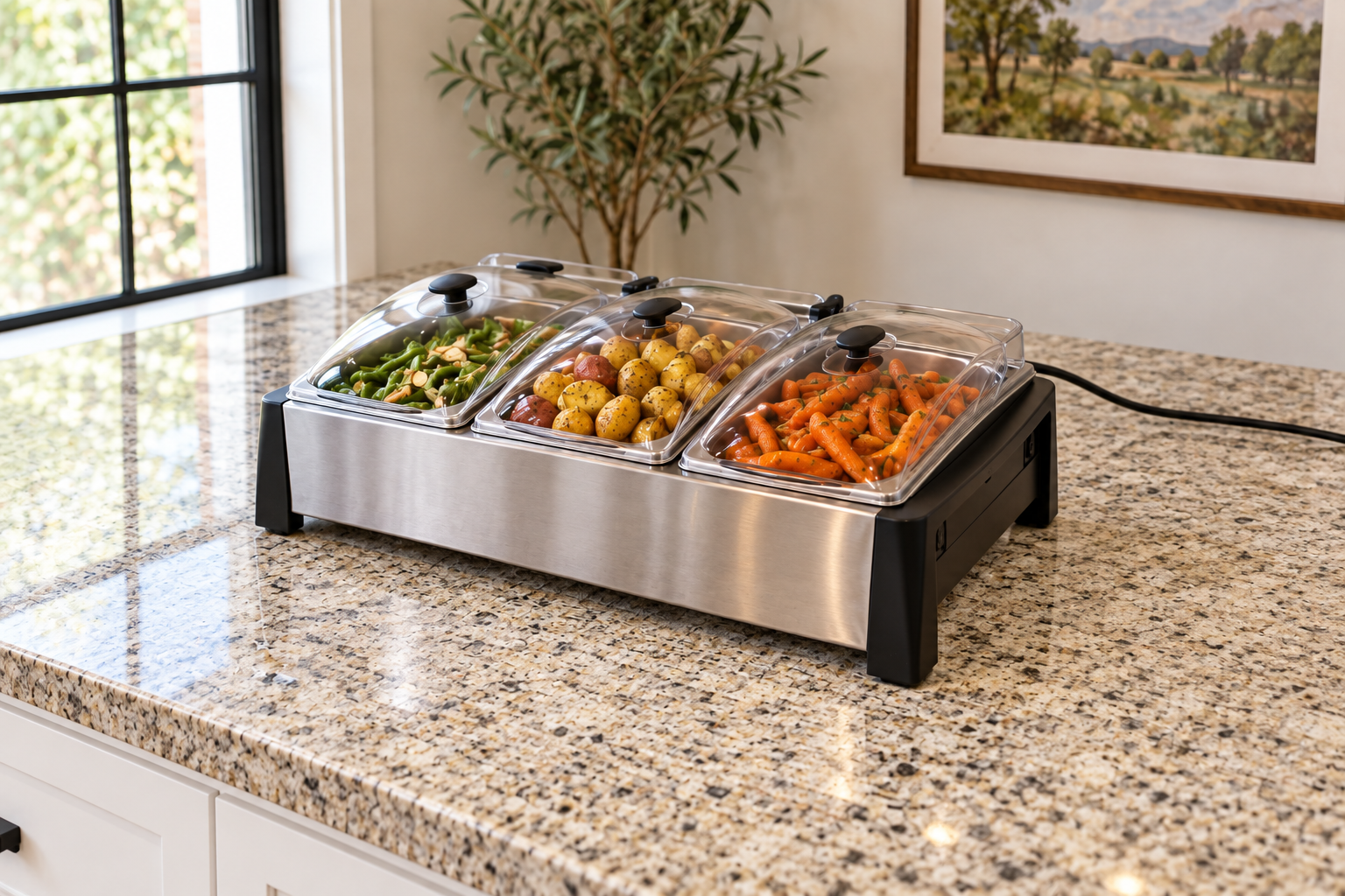 A three-tray electric buffet base placed directly on bare stone
