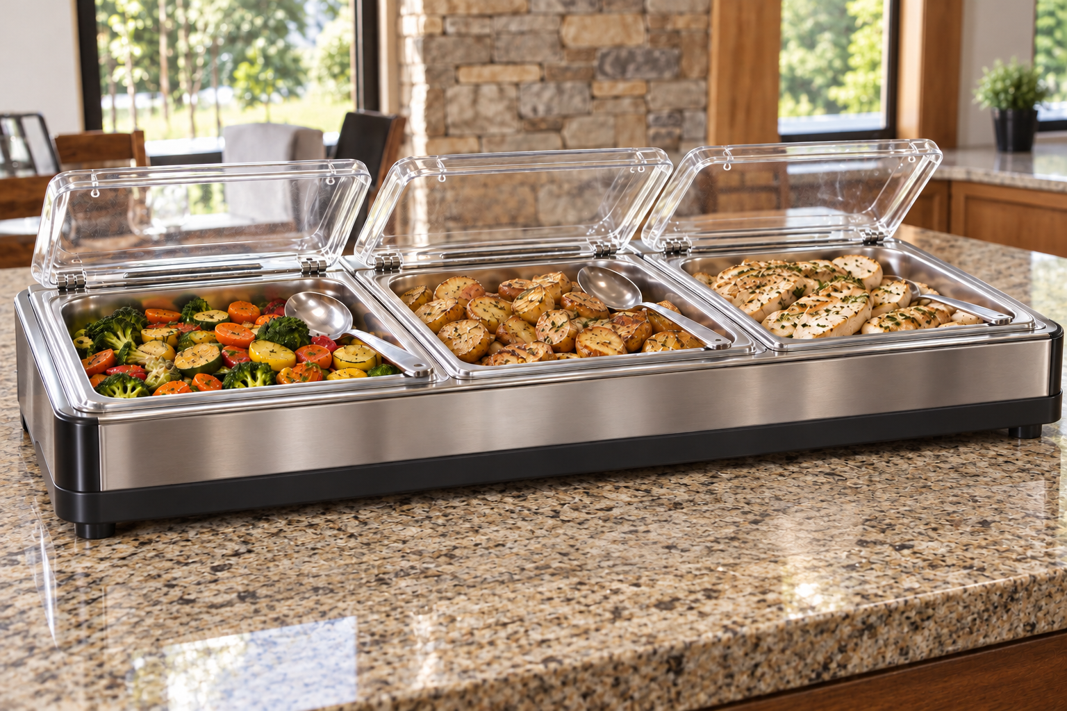 Already cooked food in a single electric three-tray server on bare stone