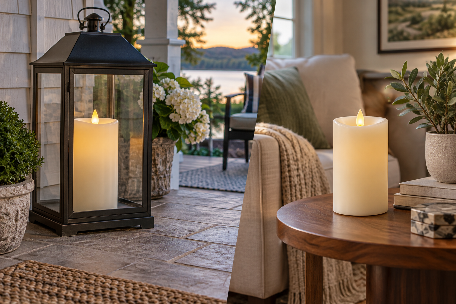 Outdoor lantern candle beside an indoor pillar candle