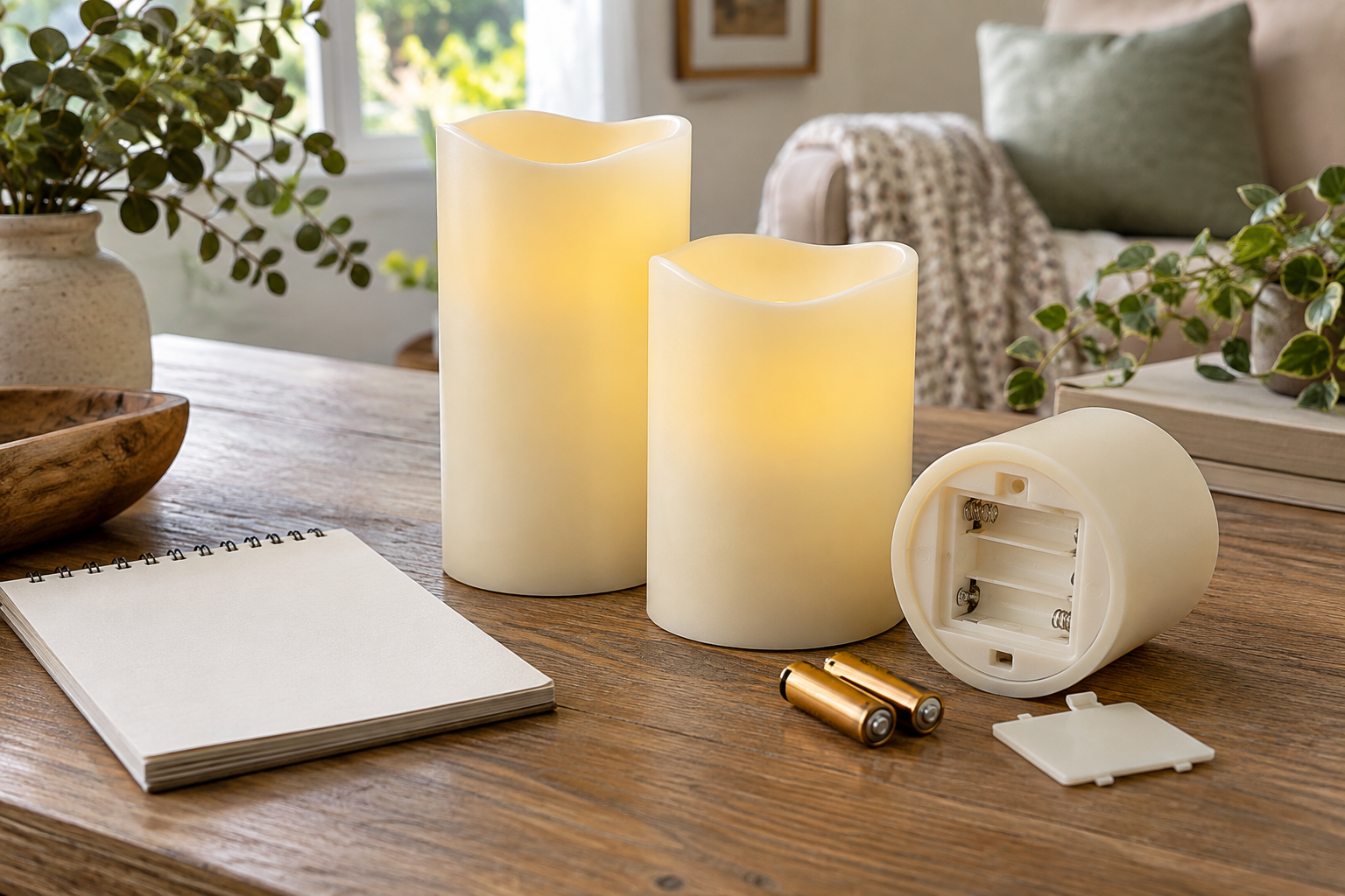 Generic pillar candles with a battery compartment and separate batteries