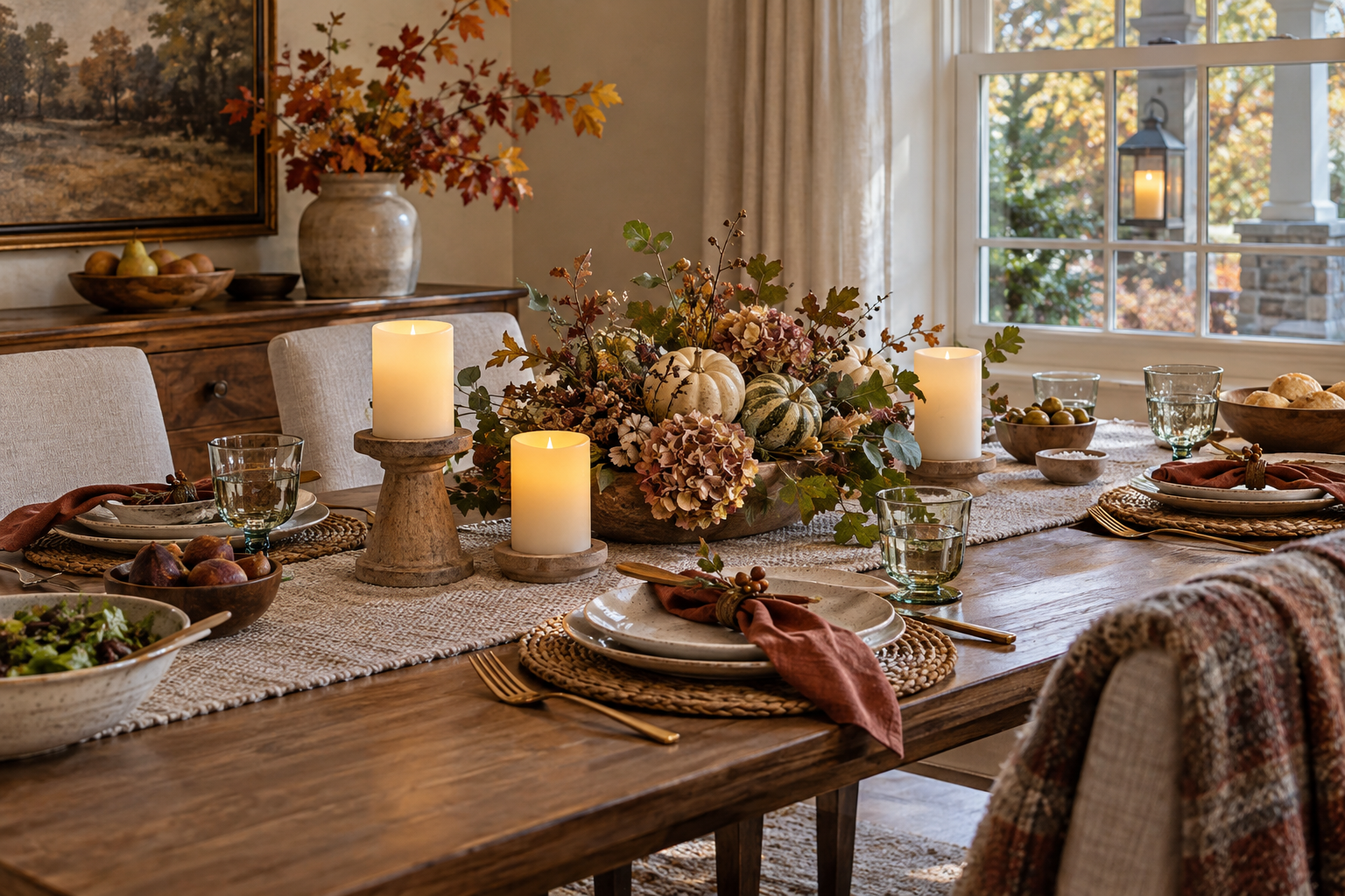 Flameless candles used in a fall table arrangement